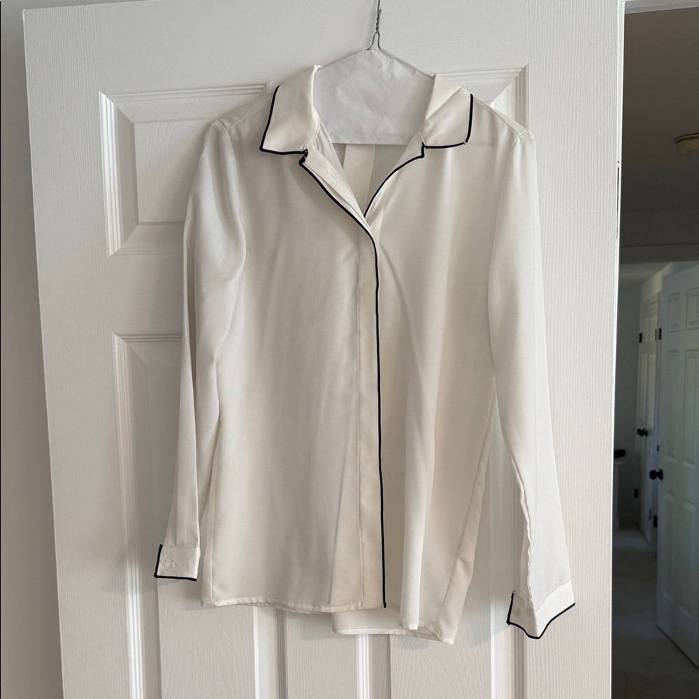 Women's White Button Down Shirt with Black Trim